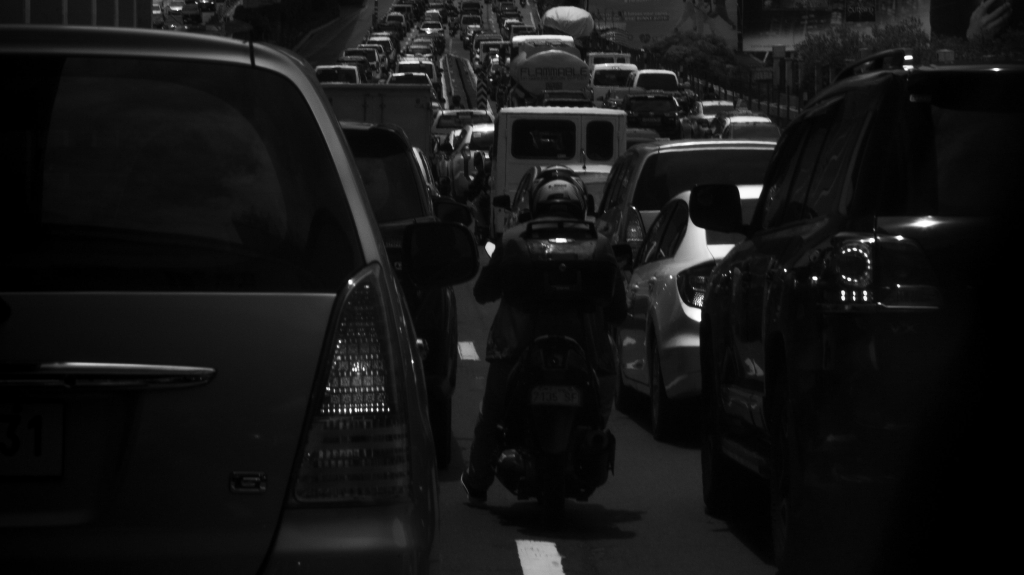 Black and white photo of a traffic jam in Manila, Philippines.
