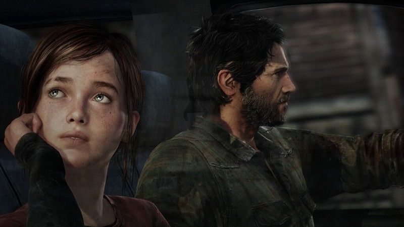 Joel and Ellie in a car. Screenshot of the game "The Last of Us".